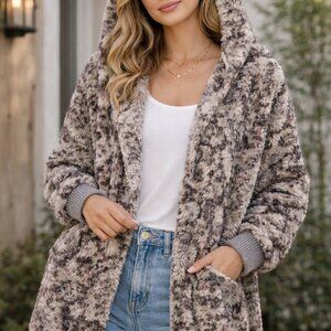Mystree Hooded Plush Open Front Cardigan Jacket Neutral Mauve Taupe ONE SIZE